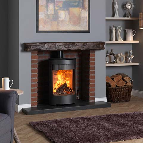 multi fuel fireplace with beam